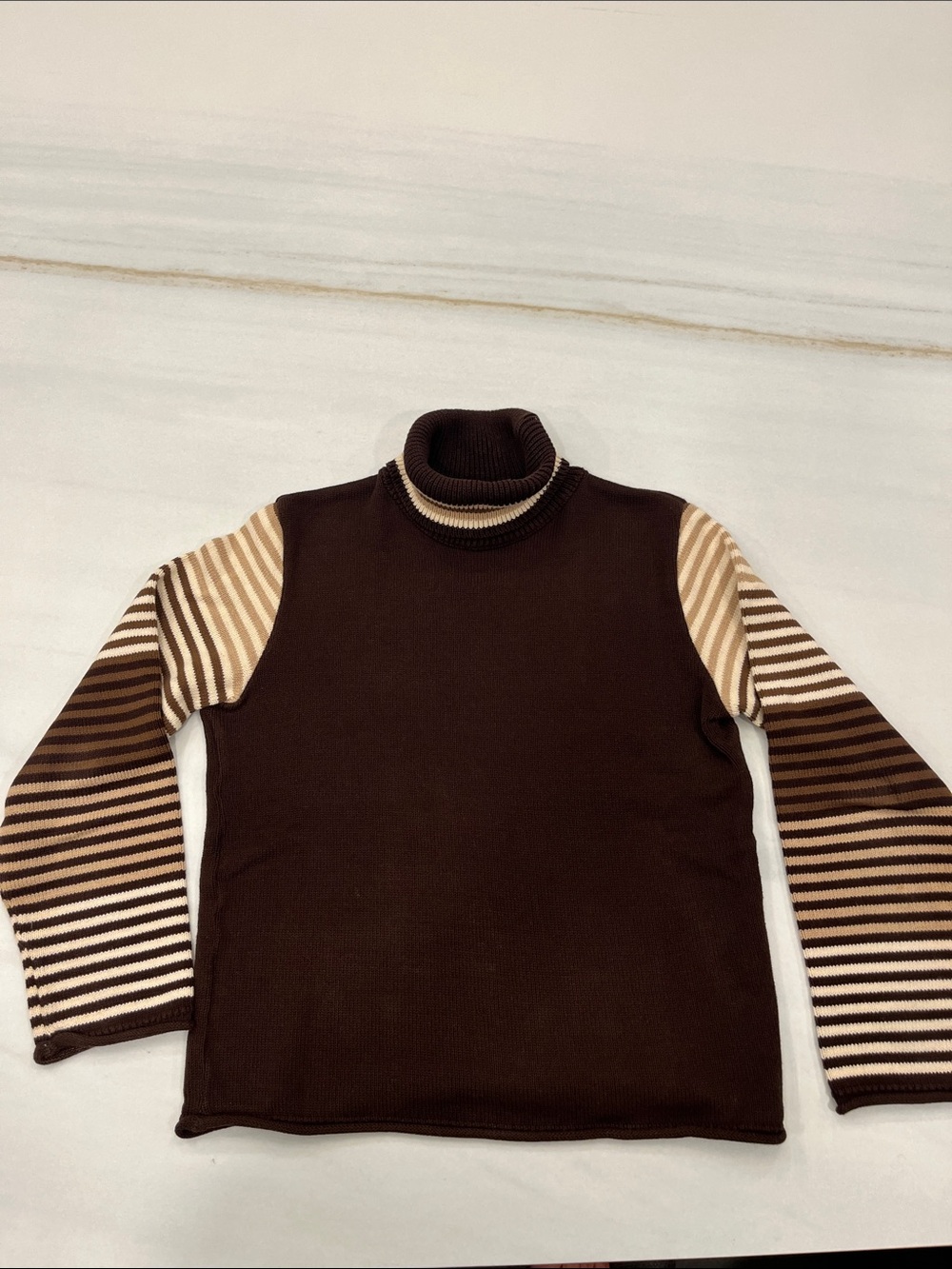 Parkhurst Brown Turtleneck Sweater with Striped Sleeves